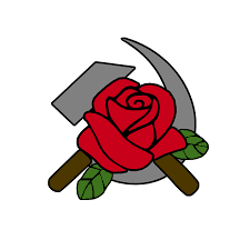Portland DSA logo features signature rose over the Communist Hammer and Sickle via Facebook